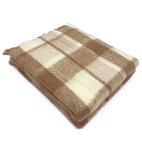 MOHAIR Coperta Lana/ Plaid MATRIMONIALE Scozzese-Beige