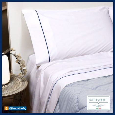 PERCALLE completo lenzuola matrimoniale in puro cotone Bianco con bordino  blu, Soft&Soft