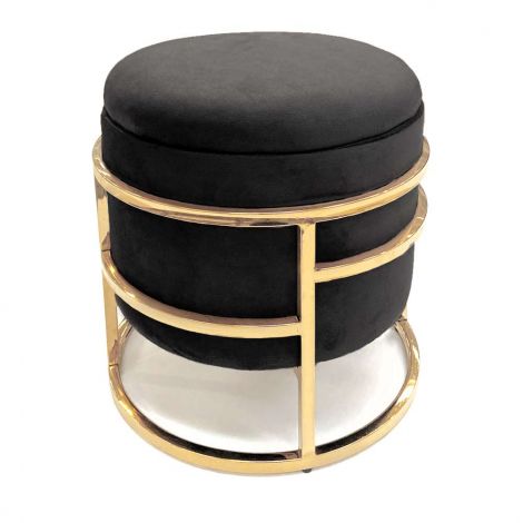 Pouf cilindrico in velluto nero e metallo dorato tipo ottone, sgabello elegante