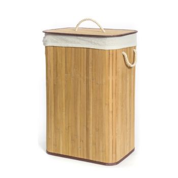 Cesto porta biancheria elegante ed ecologico in bamboo con coperchio e sacco interno in tessuto. Dotato di manici e coperchio.