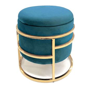 Pouf cilindrico in velluto blu petrolio e metallo dorato tipo ottone, sgabello elegante