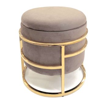 Pouf cilindrico in velluto tortora e metallo dorato tipo ottone, sgabello elegante